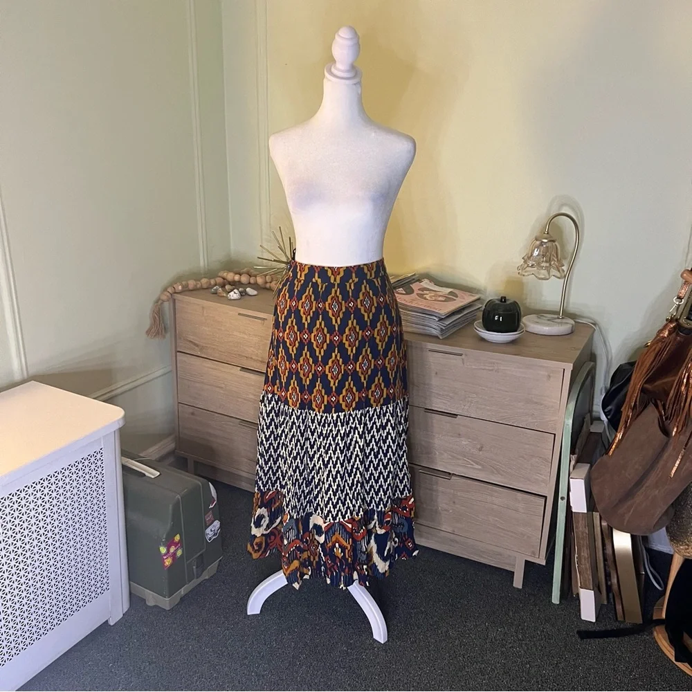 Navy Mixed Tribal & Chevron Print Midi Maxi Flowy Boho Relaxed Fit Skirt Sz XL - Picture 2 of 15